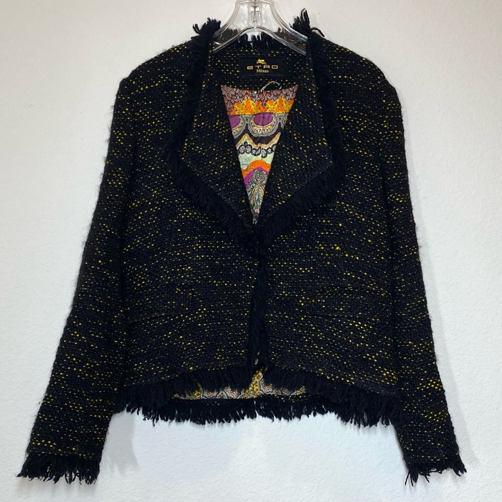 Etro Milano Tweed Jacket Womens Large? Black Luxury Eclectic Fringe Designer